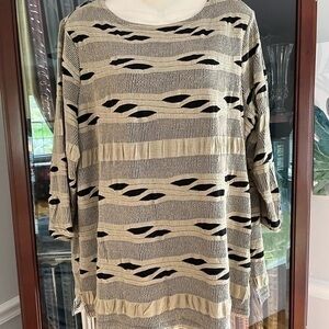 Coldwater Creek 1X 3/4 Sleeve Top Black and Tan Patterned Shirt
